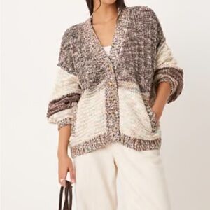 Free People Isabella Cardi V Neck Moonbeam Combo Ivory Tan Brown Size S NWT